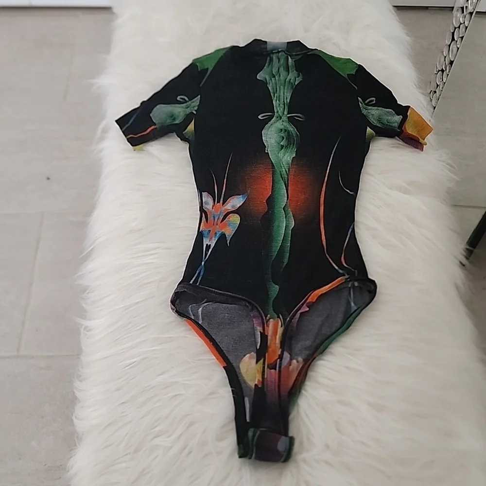 🩱💚🪭✨️SKIMS Summer Mesh Sheer Graphic Floral High-Cut Bodysuit XS BNWT🏷 - Picture 8 of 12